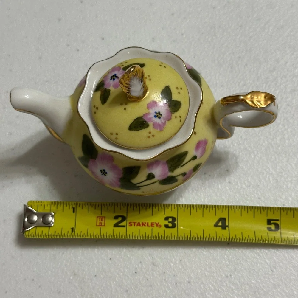 Miniature Decorative Teapot Floral Hand Painted Gold Trim Porcelain Yellow VTG